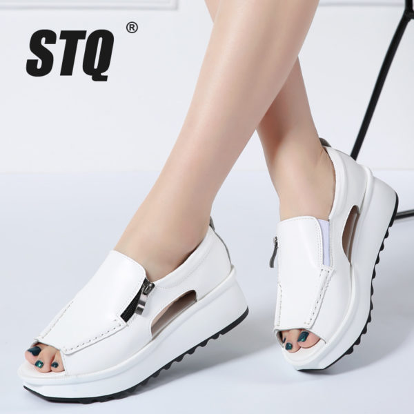 Womens wedge / open toe round toe zipper platform sandals