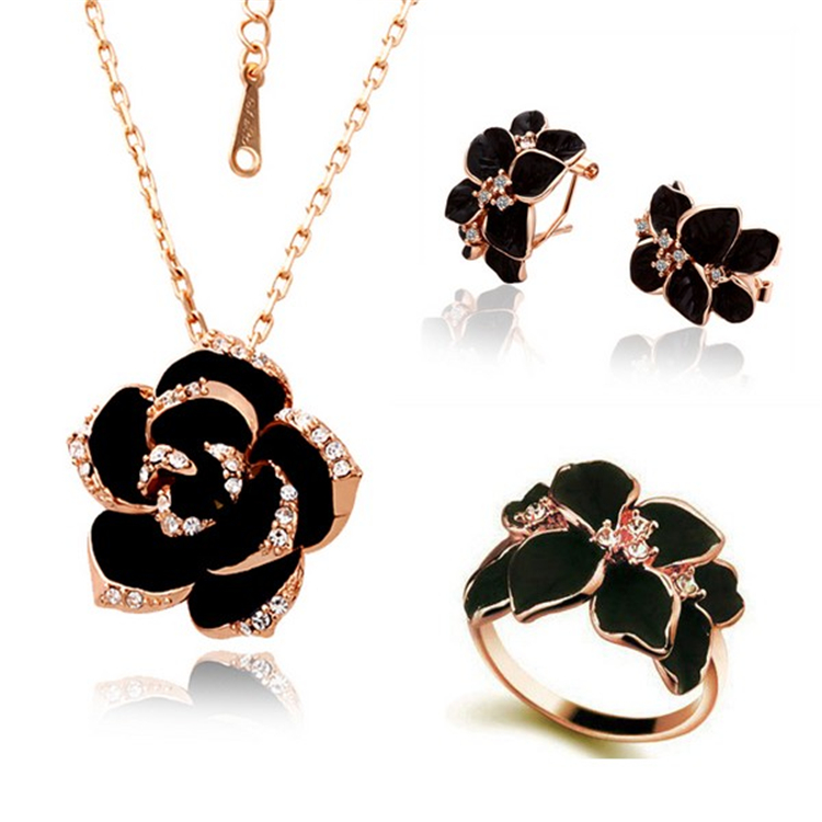 Fashion Rose Flower Enamel Jewelry Set Gold Color Black Painting Jewelry Sets for women THE VAULT COFFEEHOUSE LLC