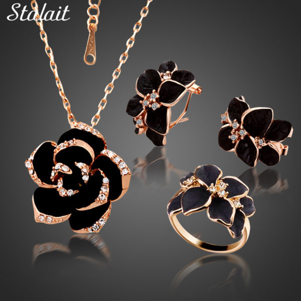 Fashion Rose Flower Enamel Jewelry Set Gold Color Black Painting Jewelry Sets for women