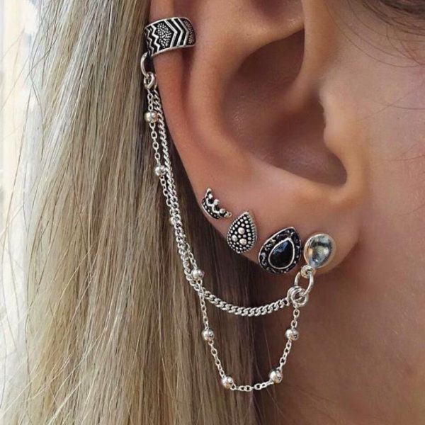 4 Pcs/set Women Cool Rock Punk Clip Earrings / Retro Silver Earring Ear Cuff
